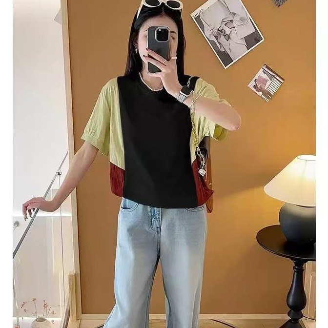 8759#2025新款时尚小众拼色圆领短袖T恤