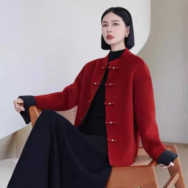 女装深酒红显瘦气质时尚中长款羊毛秋冬季气质洋气加厚外套中式