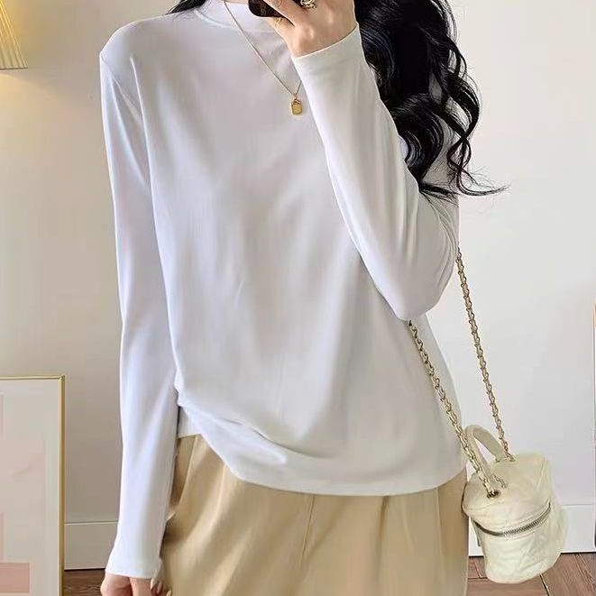 MJ888 牛奶丝软糯亲肤女士半高领白色长袖打底衫女