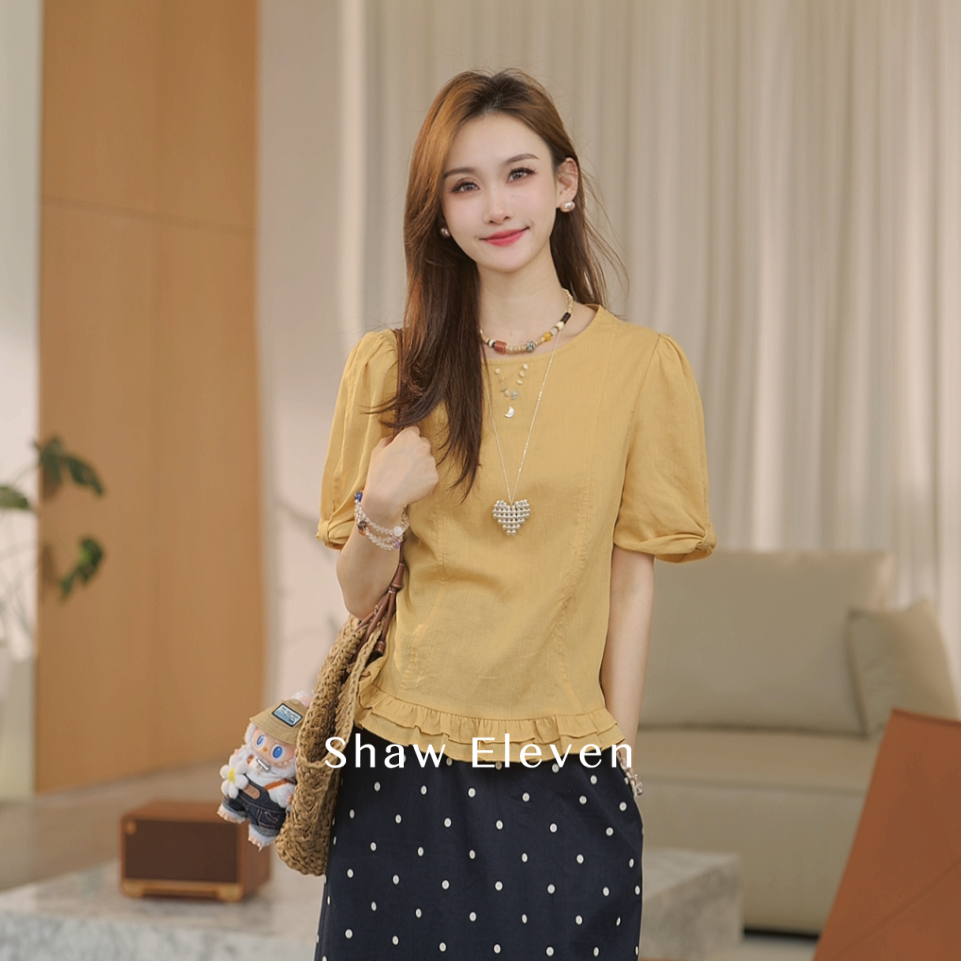 【Shaw Eleven】2025夏女装法式精致亚麻天丝圆领上衣88682