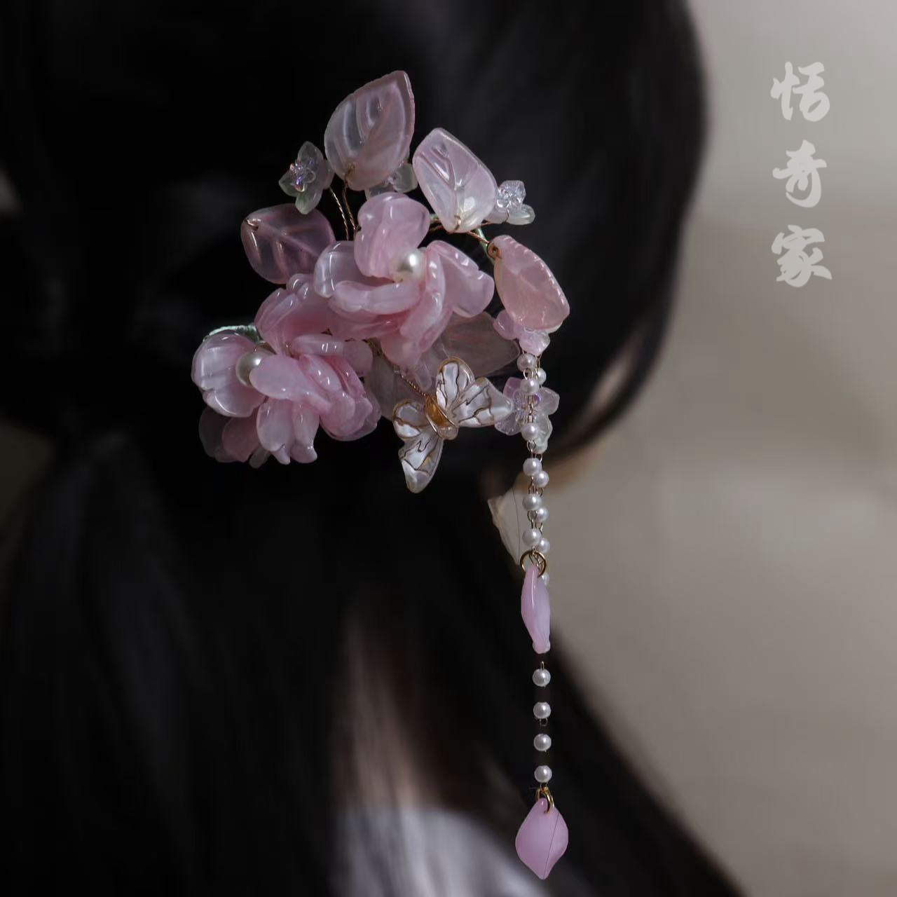 恬奇家a760“花团锦簇“高定木质u型发簪双钗流苏原创设计日常重工