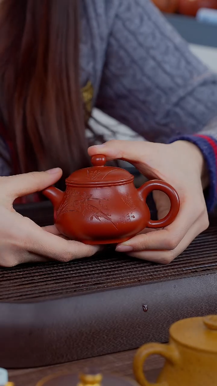 【闪购商品】紫砂茶壶潘壶刻绘朱泥紫砂壶