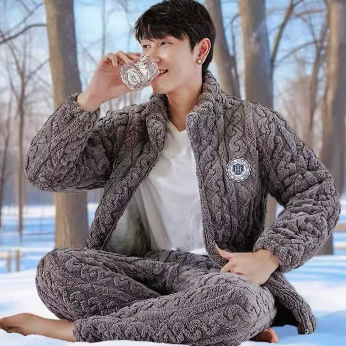9230-男士珊瑚绒（棕咖）双面加绒睡衣套装