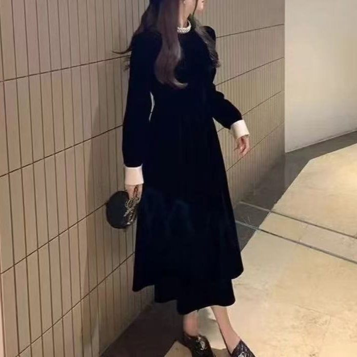 大码赫本风黑色丝绒连衣裙气质女装设计感绝美礼服显瘦长裙005