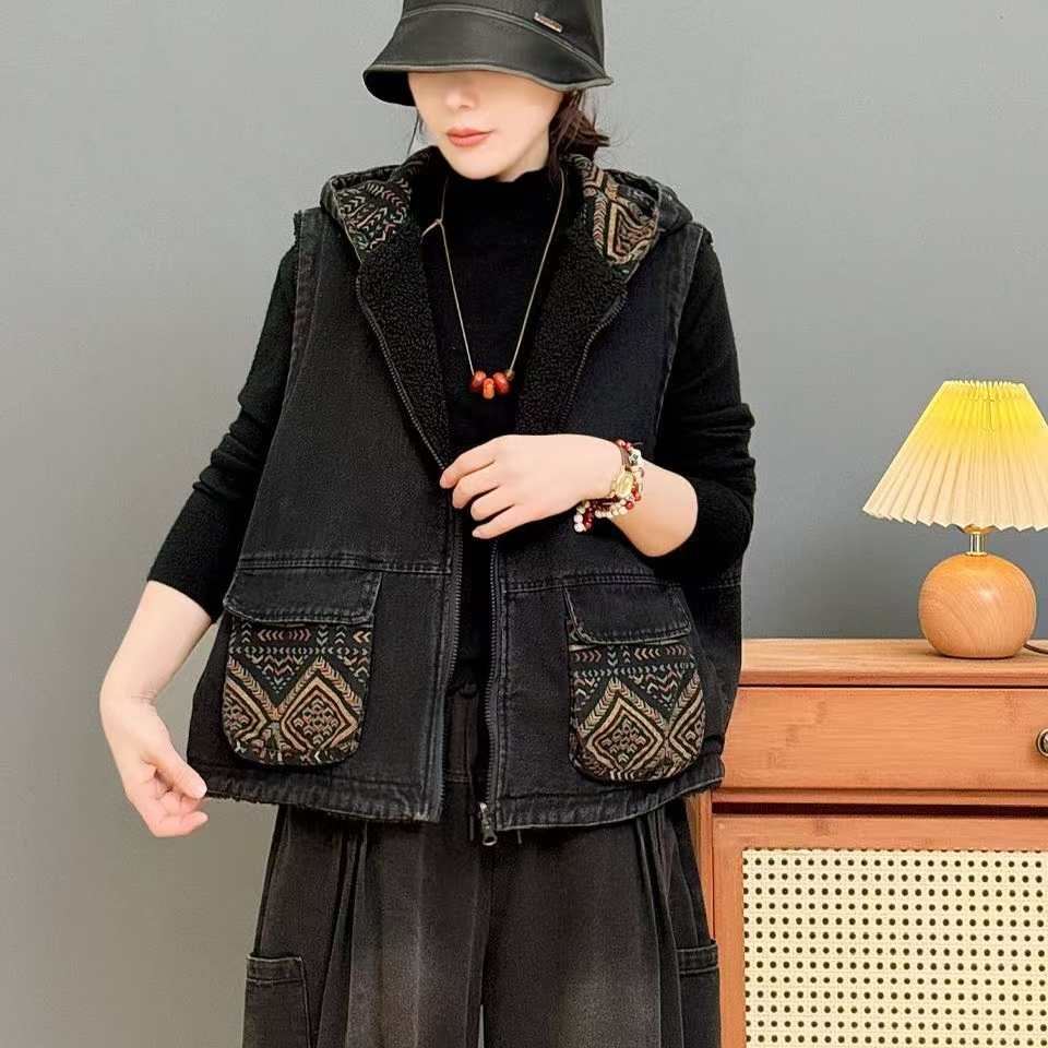 7488新款舒适百搭休闲无袖牛仔加绒连帽马甲女马夹