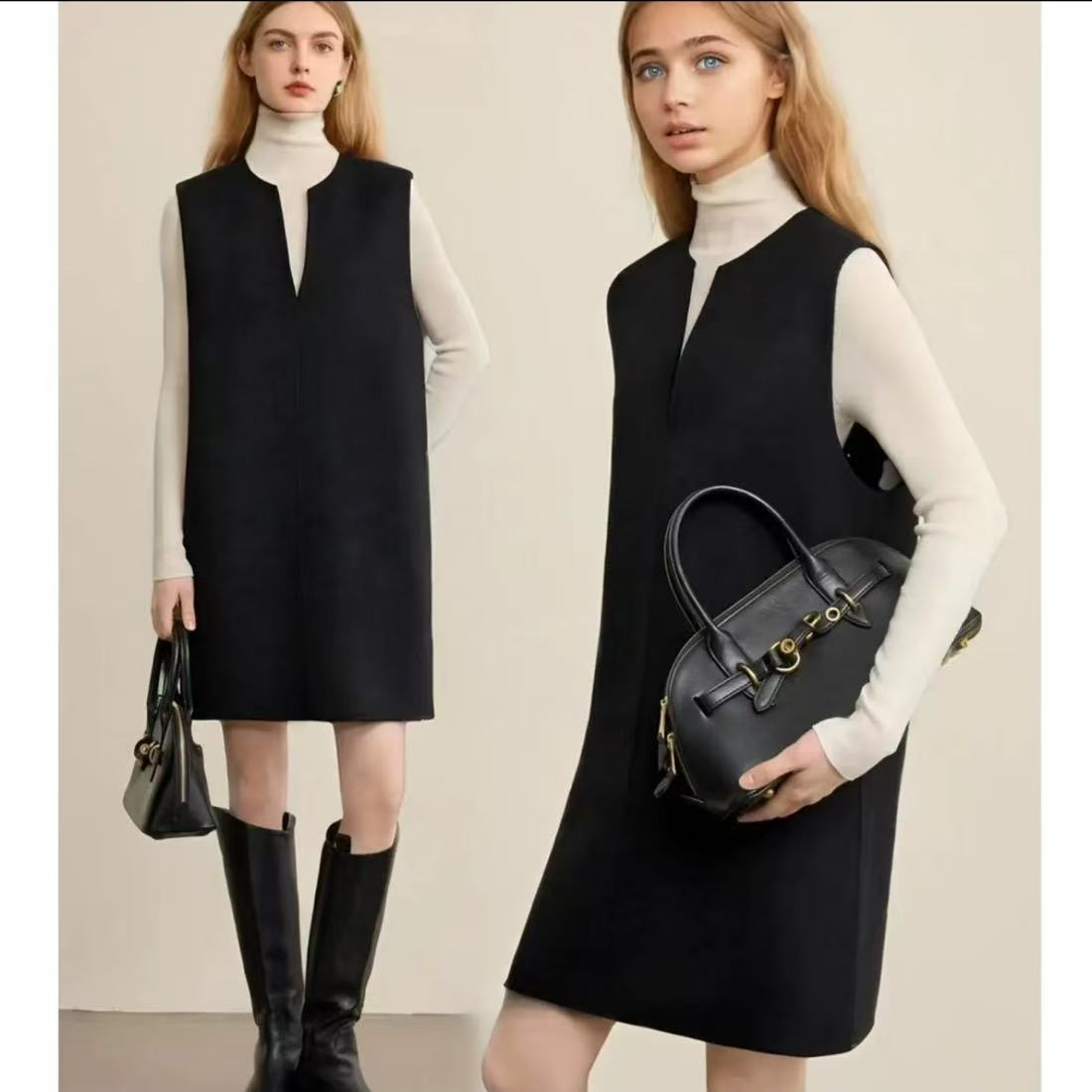 新款双面手缝羊毛大衣女马甲赫本香风背心裙