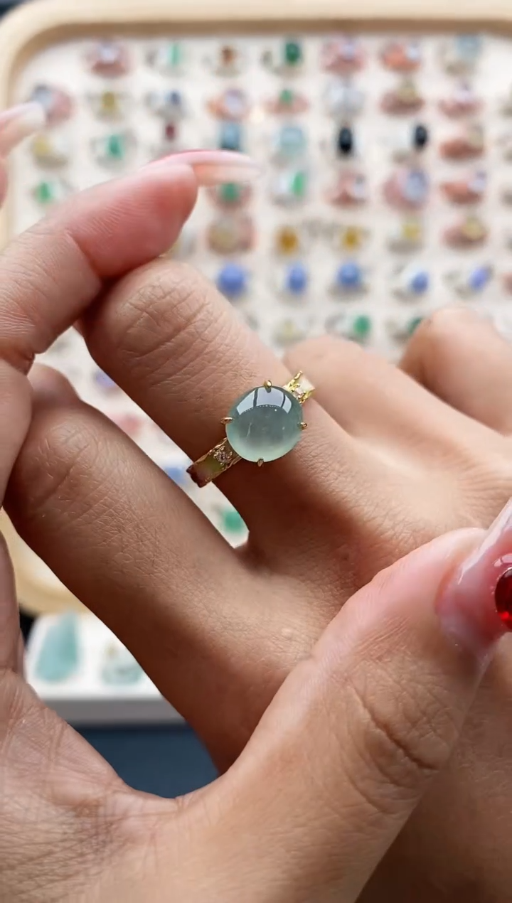 【闪购商品】翡翠戒指银S925镶嵌缅甸天然A货翡翠222 2+6