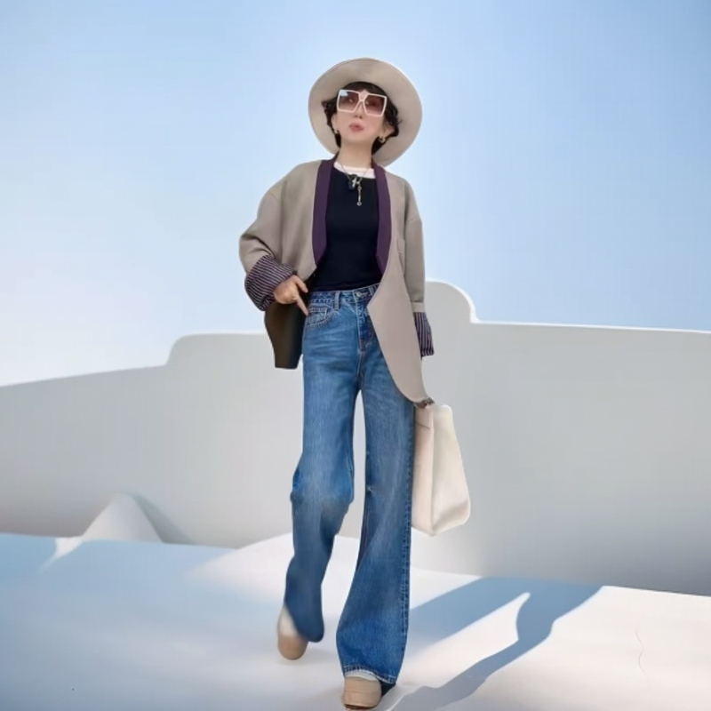 网红港版90021蓝色休闲极简风直筒微喇时尚百搭显瘦修身牛仔裤 