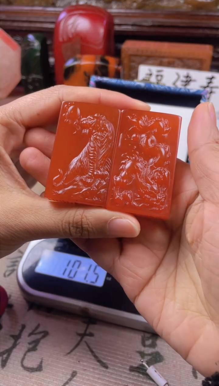 【闪购商品】寿山石印石红田龙虎对牌