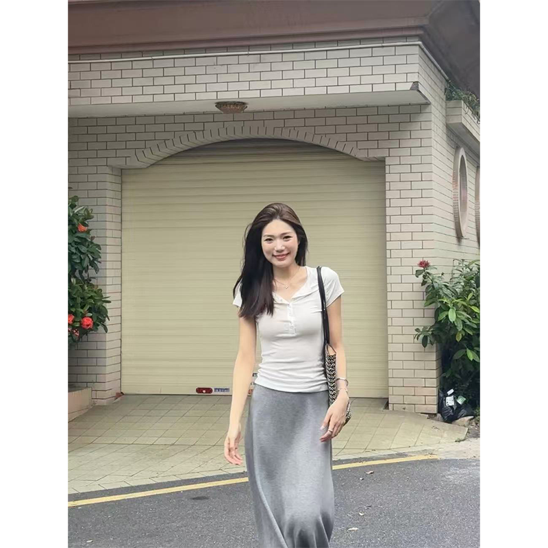 48H【莱赛尔亨利t】加长纯色领纽扣收腰气质正肩短袖上衣女 SU274