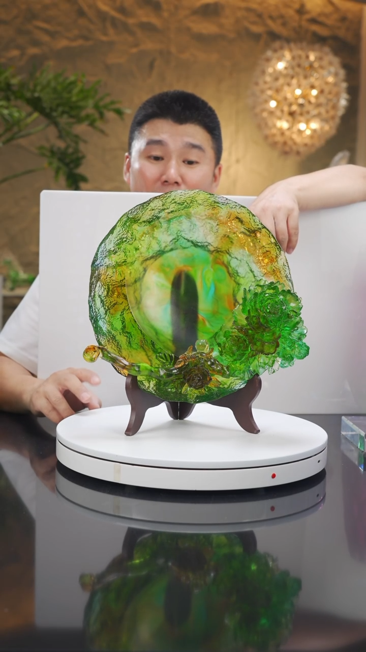 琉璃手工艺品设计款绿色如意牡丹花果盘摆件