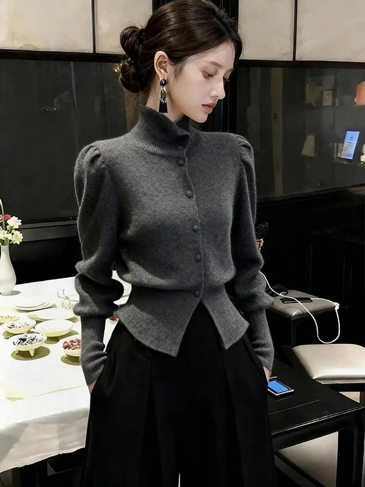 深灰针织衫女秋冬内搭巨好看高端轻熟气质法式小香风掐腰高领毛衣