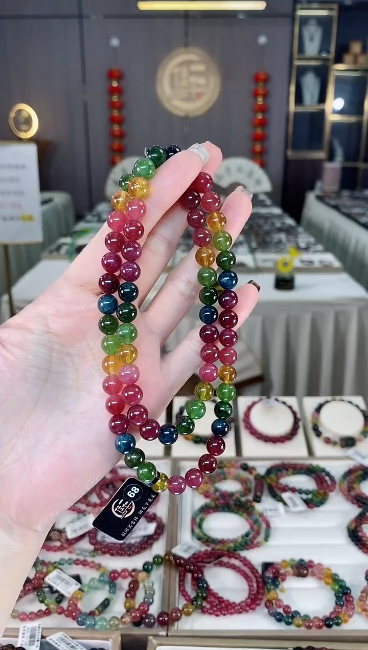 未镶嵌老矿碧玺色标彩虹三圈手串8mm+碧玺dan多样性发货一条