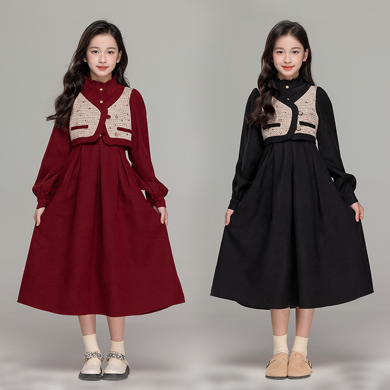 女童加绒春秋连衣裙2025新款中大童韩版简约长裙女孩气质假两件裙