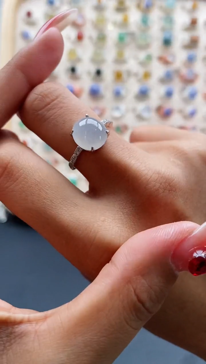 【闪购商品】翡翠戒指银S925镶嵌缅甸天然A货翡翠222 6+8