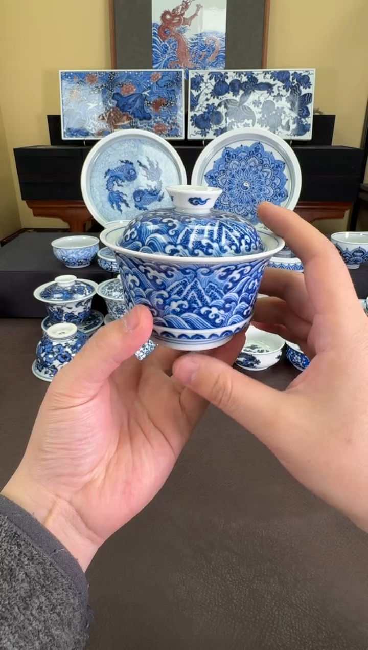 【闪购商品】羿器窑海水团龙马蹄盖碗