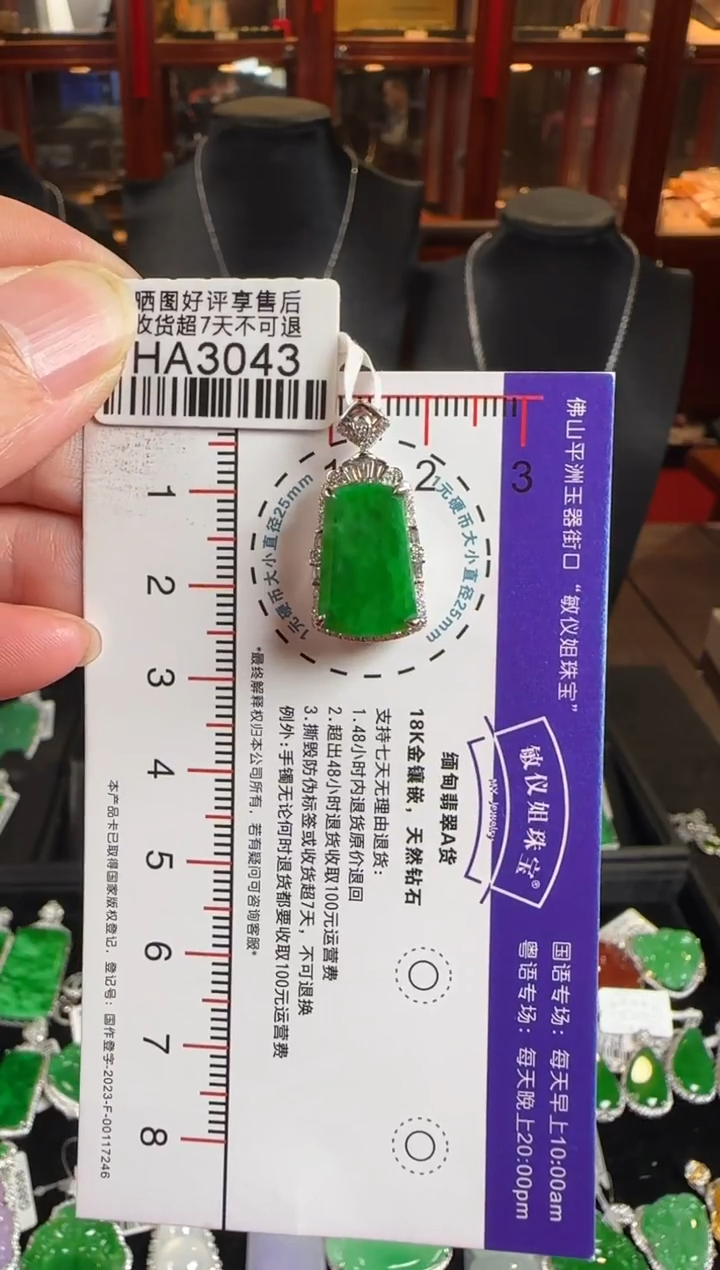 颈饰18K金镶嵌翡翠HA3043冰辣绿无事牌