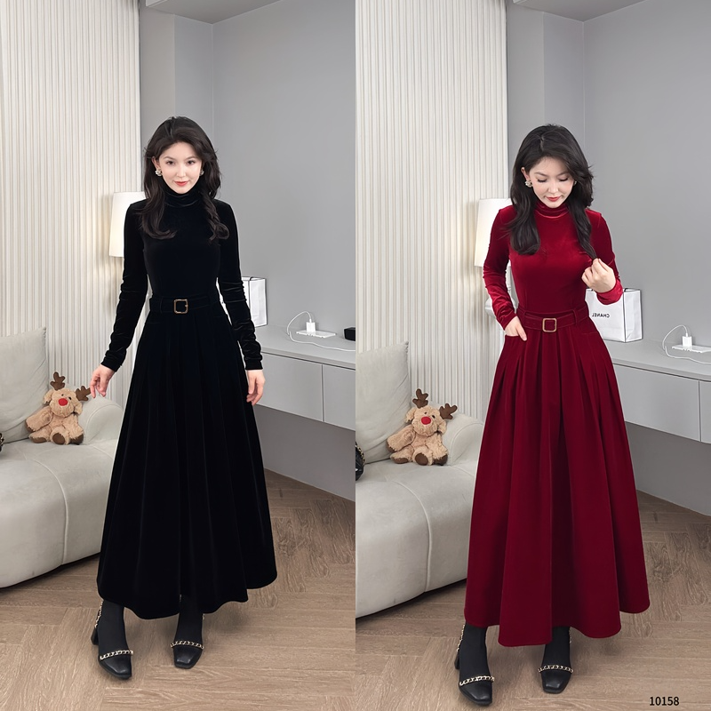 Saeda女装名媛千金风连衣裙重要场合穿搭红色丝绒高领裙子YF10158