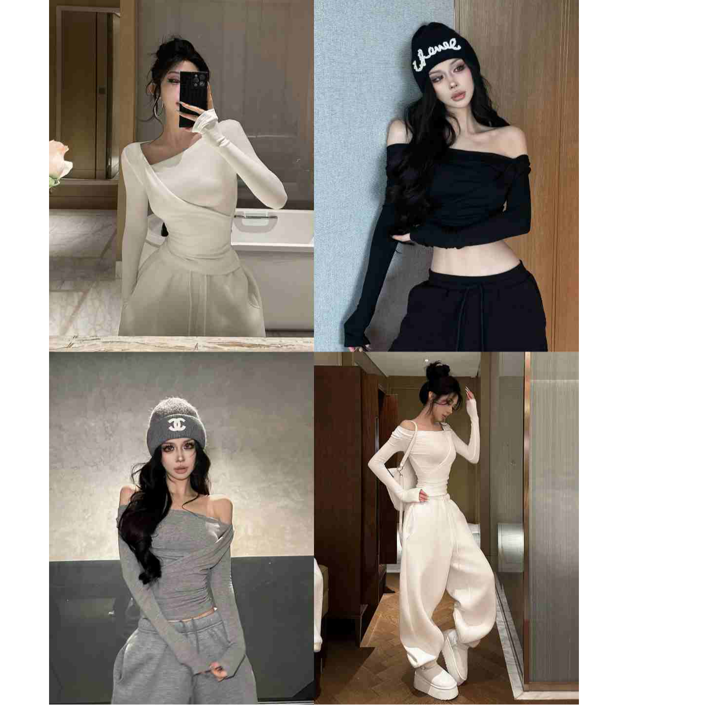 FORNIS 设计感斜肩长袖上衣显瘦直筒阔腿卫裤F25Y50042+F25K3993