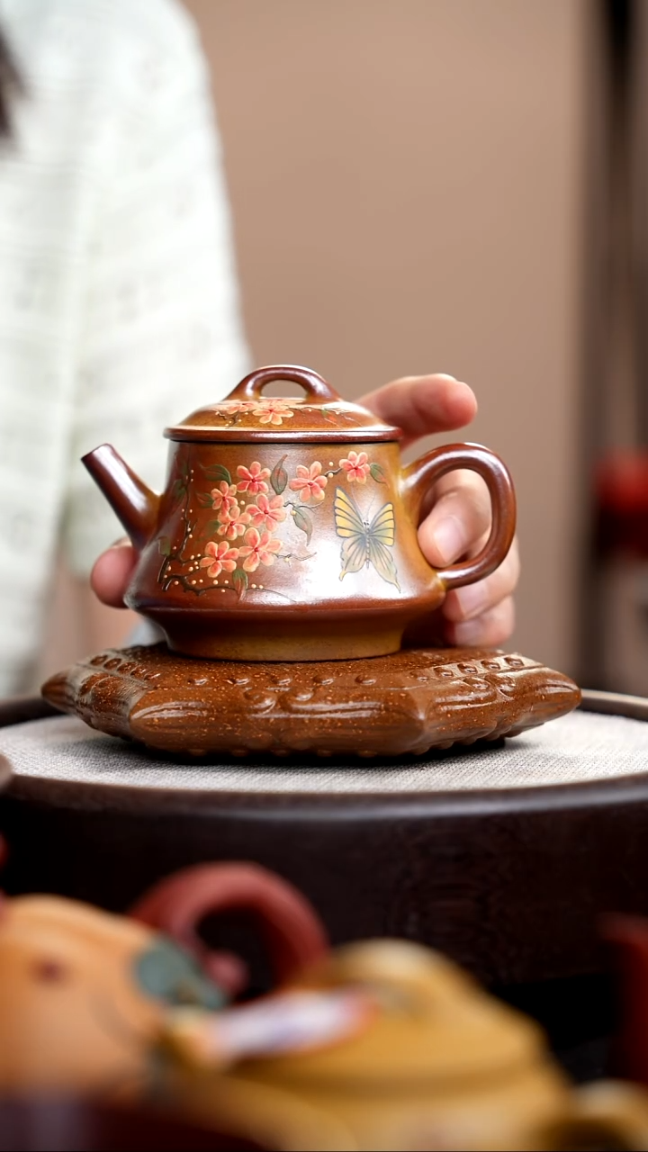茶壶紫砂柴烧隐瓢泥绘蝶恋花+壶承