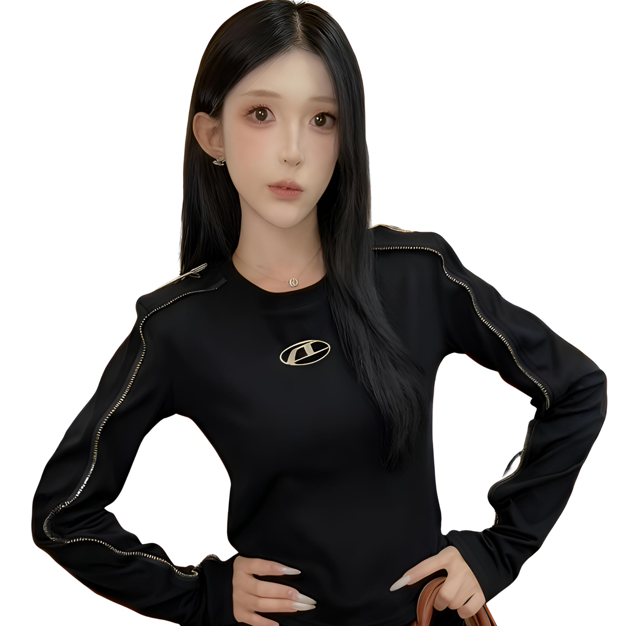 2025年金属d字母标圆领垫肩长袖修身显瘦打底衫t恤上衣