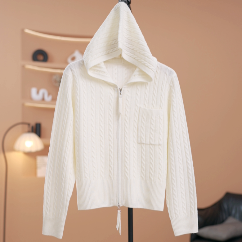 【霖霖】【100%绵羊毛】时尚双头拉链连帽百搭显瘦针织衫-Y20235
