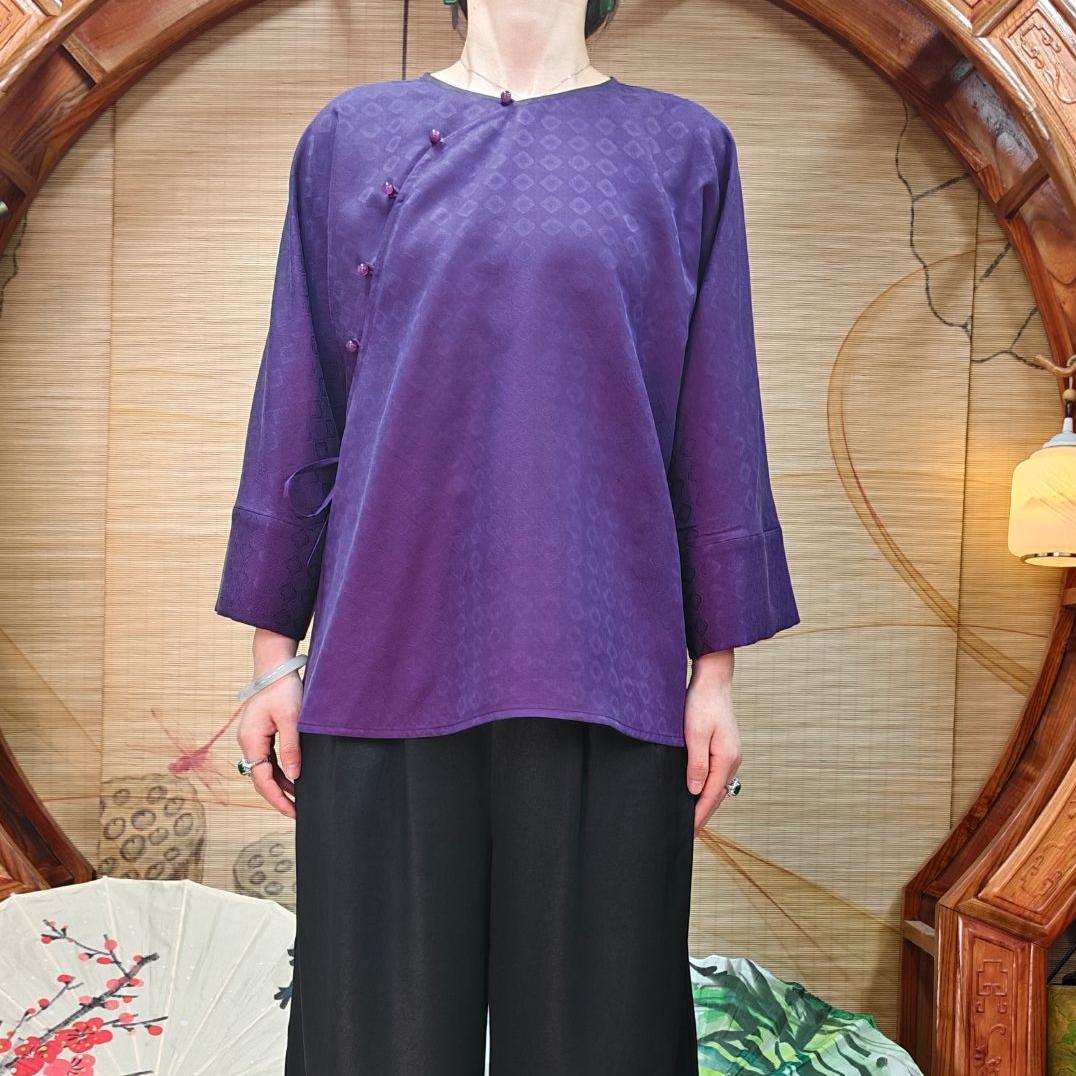 40姆米100桑蚕丝双面提花香云纱尊贵紫斜开襟气质小上衣新中式