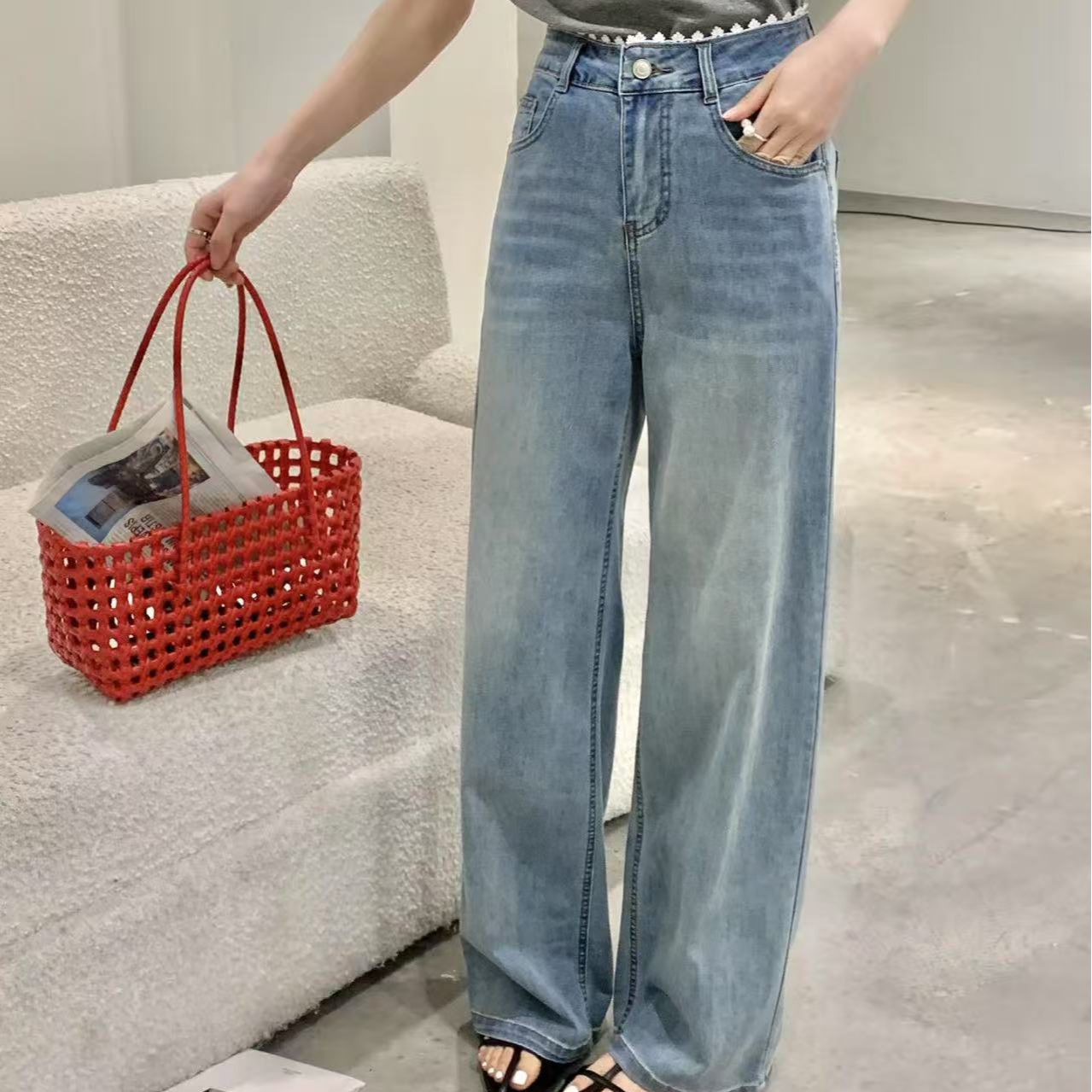 2025春夏韩版百搭时尚高腰显瘦水洗直筒 腿精裤  裤长102