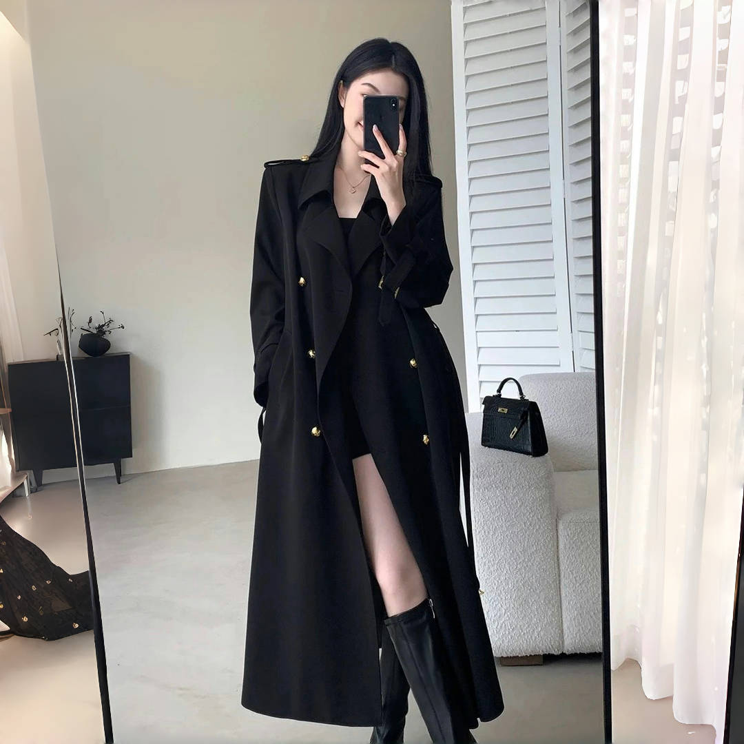 赫本风黑色风衣女2025春秋新款时尚高级感气质双排扣中长款外套