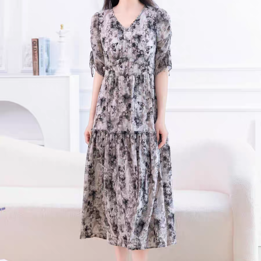 燕妮雅姿V领印花连衣裙女新款显瘦时尚中长款裙子L930