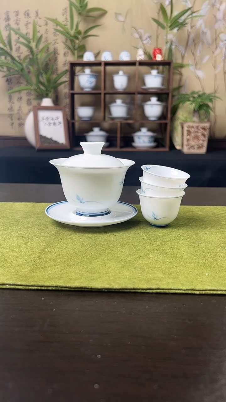 玉兰盖碗+壶承+3客杯