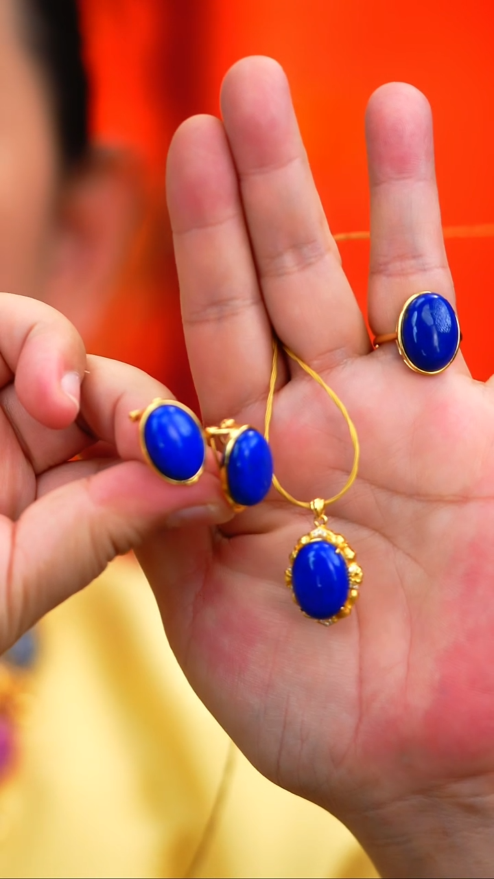 银S925镶嵌青金石戒指赠耳坠和吊坠