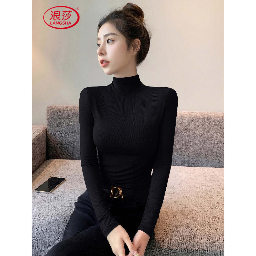 浪莎黑色半高领打底衫女2025新款百搭秋内搭t恤修身洋气长袖上衣