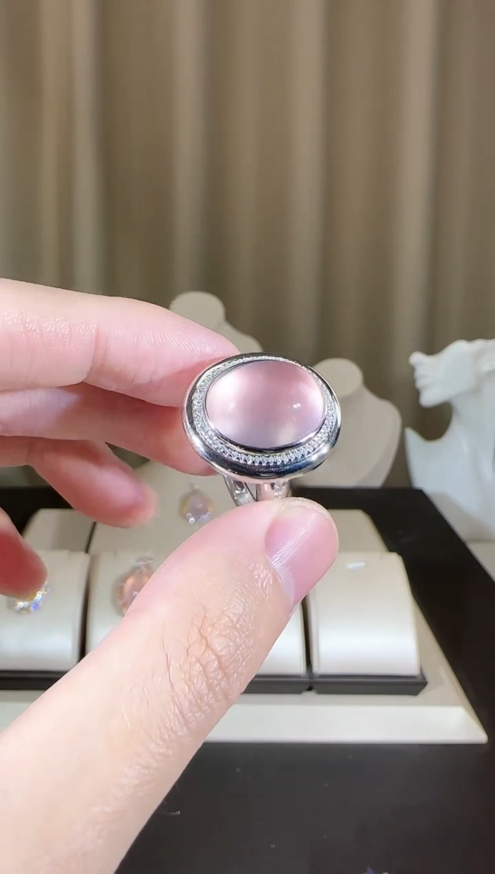 【闪购商品】芙蓉石戒指银S925镶嵌16*12mm星光粉水晶