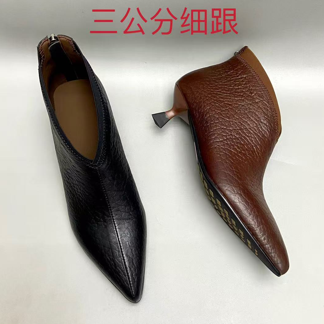 真皮女鞋3公分女士细跟气质短靴舒适软皮软底尖头2025新款秋冬季