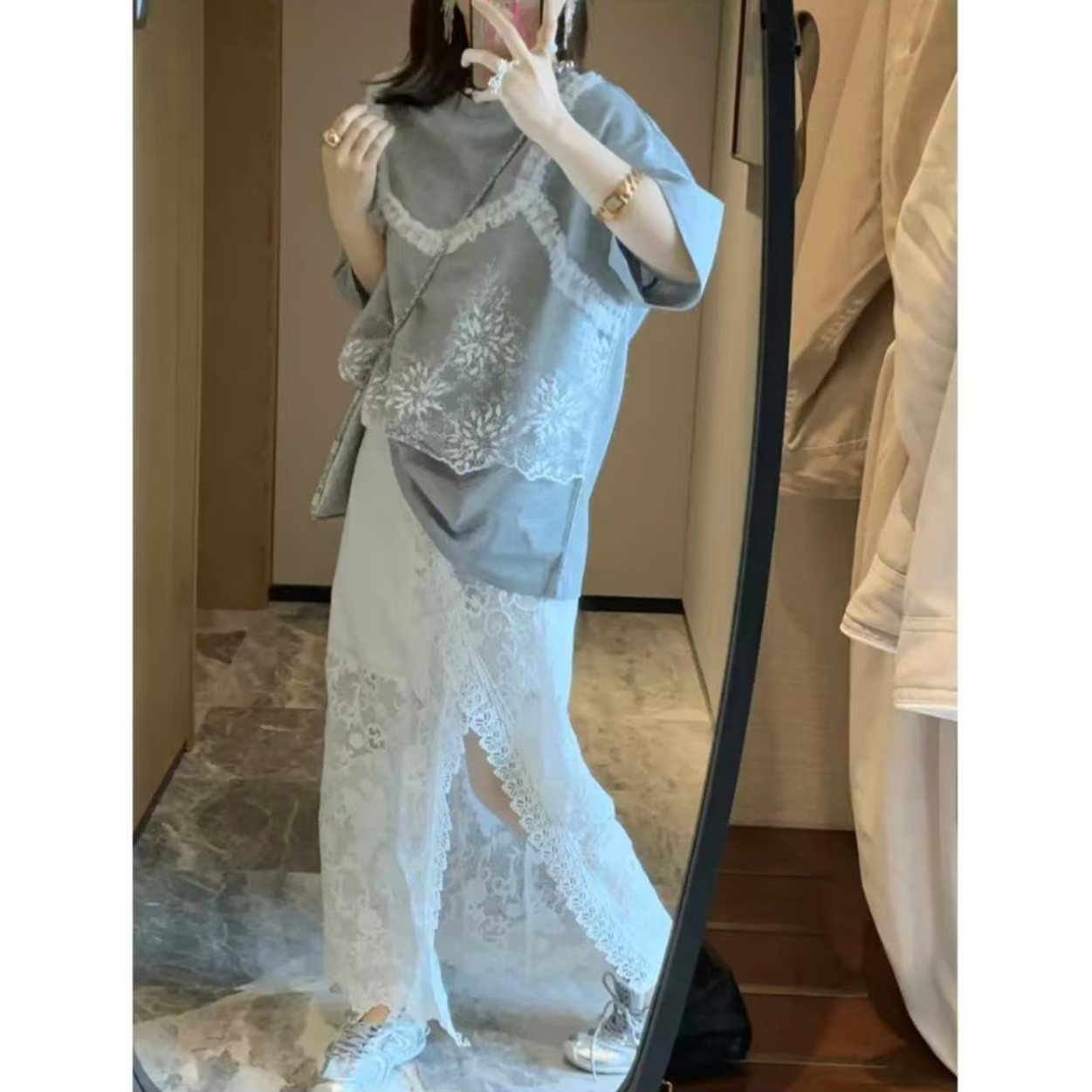 温婉大方衣服高质感假两件正肩t恤整套风网红洋气炸街女装半身裙