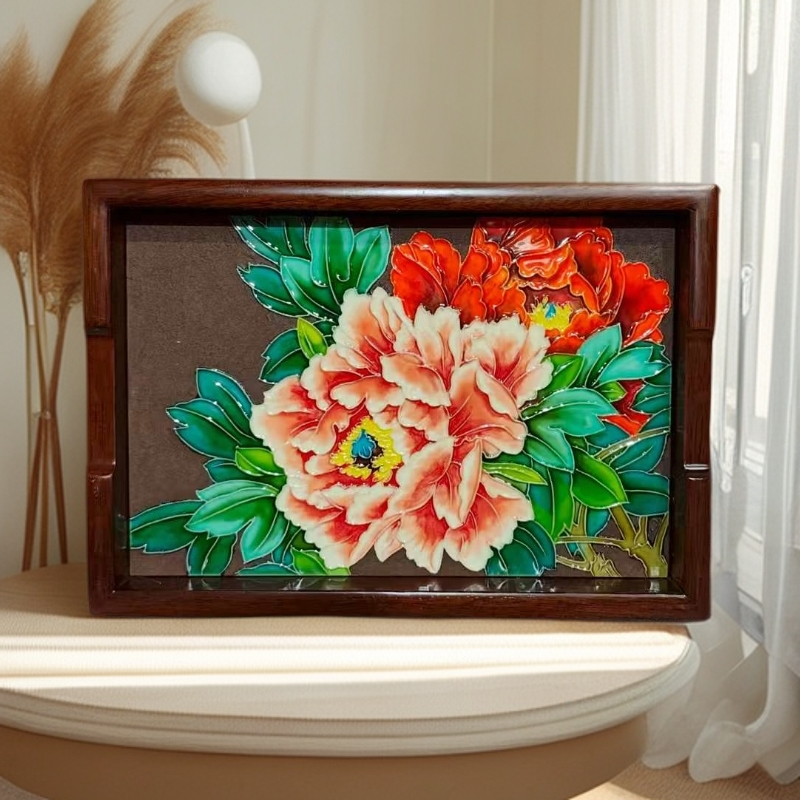 【贝尔精品】手工绘制创意陶瓷23*33国色芳华紫砂底色挂画