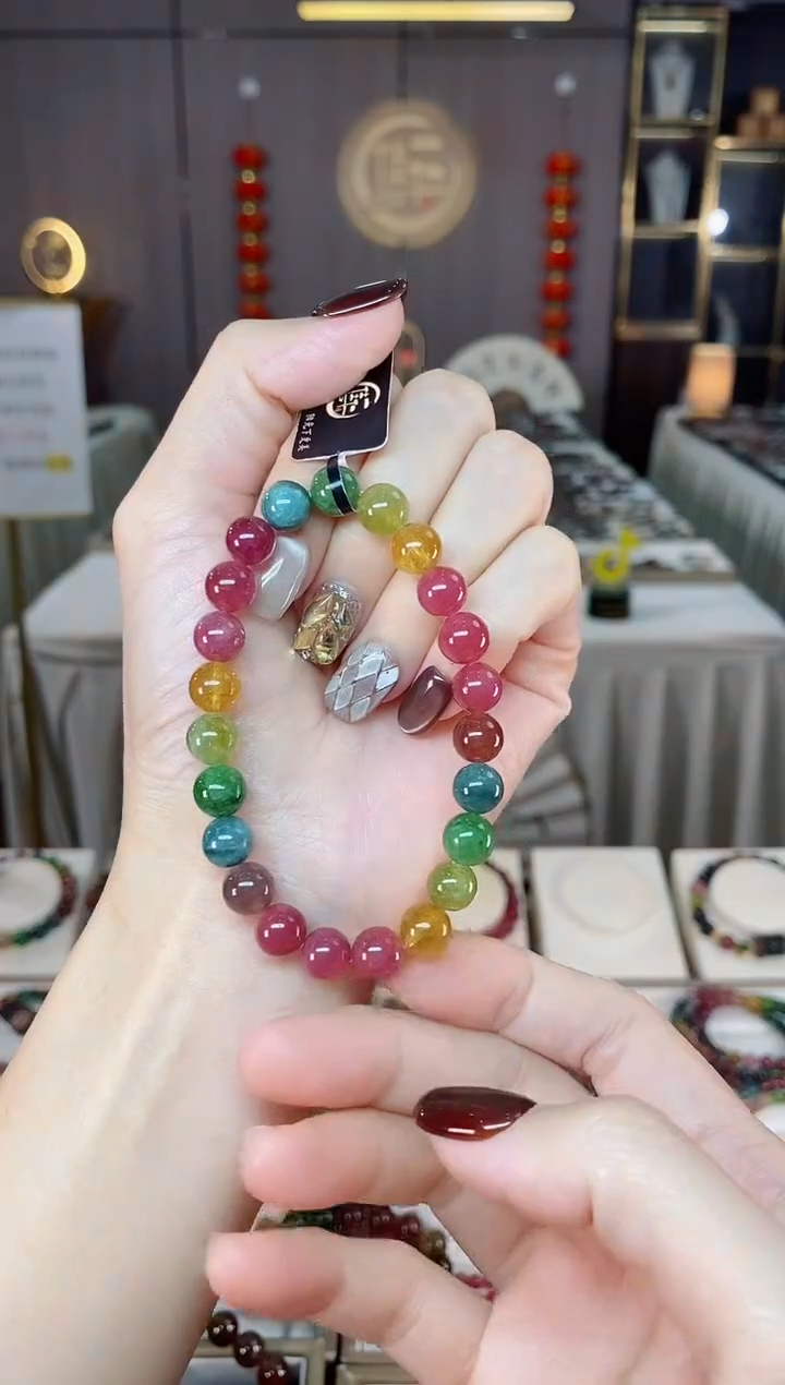 未镶嵌老矿碧玺色标彩虹单圈手串8mm+碧玺dan多样性发货一条