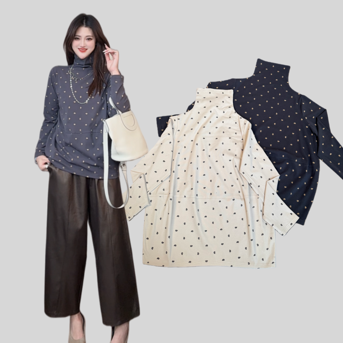 【YANLI】3030螺纹棉腰果花弹力花苞高领打底上衣