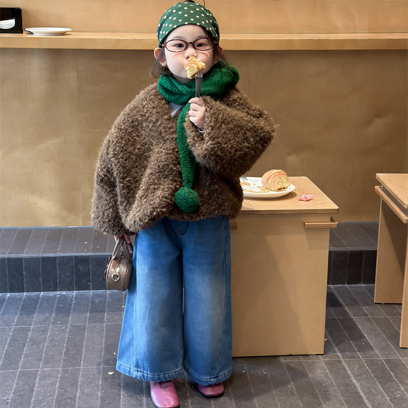  2025冬季新品 韩版童装 女童时尚洋气短款毛毛衣 夹棉外套加厚冬