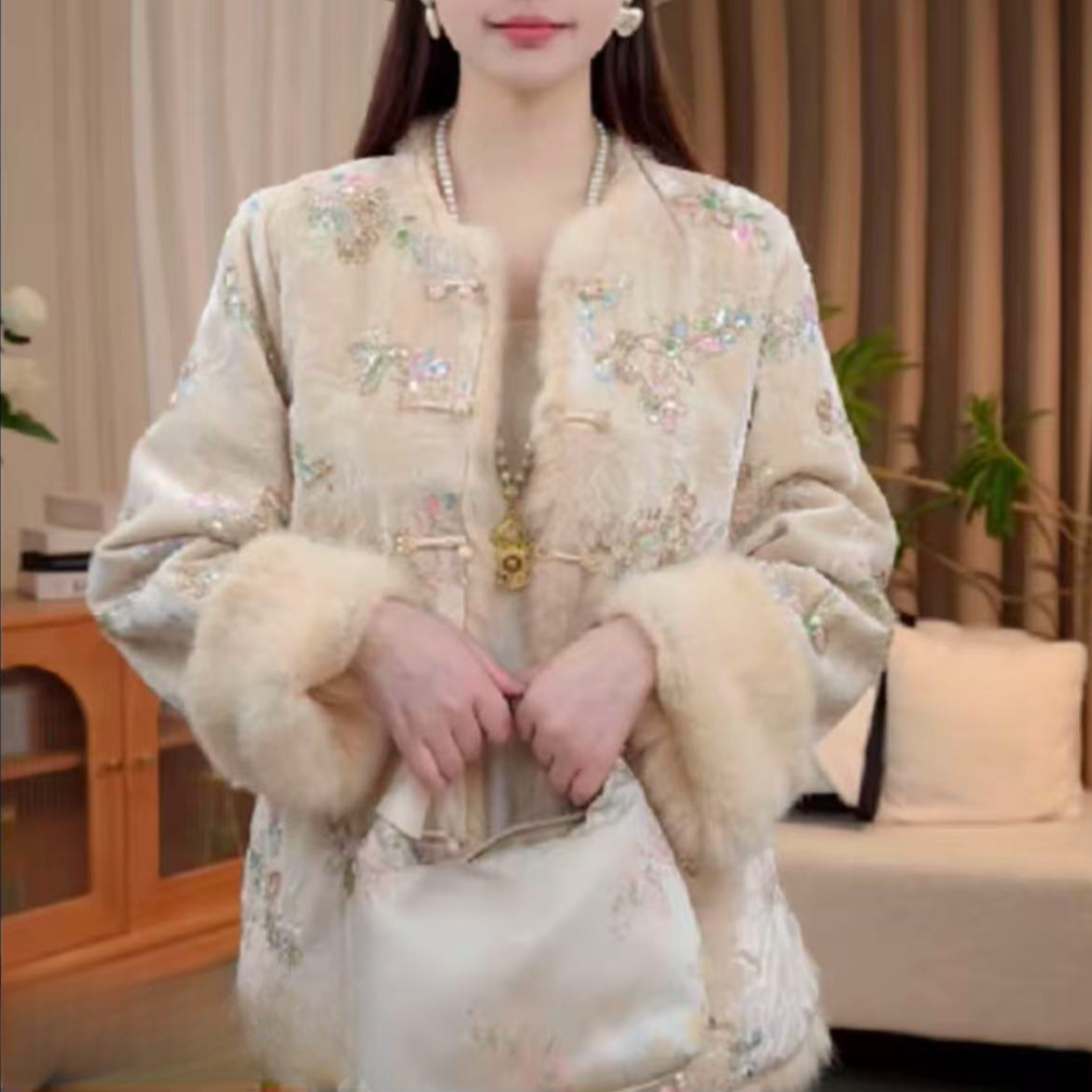 【白玉】重工冬季双面双穿厚款新中式国风兔毛保暖上衣女神外套0363