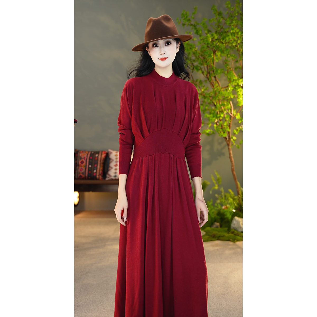 【陶子】~气质中领压褶蝙蝠袖连衣裙5091