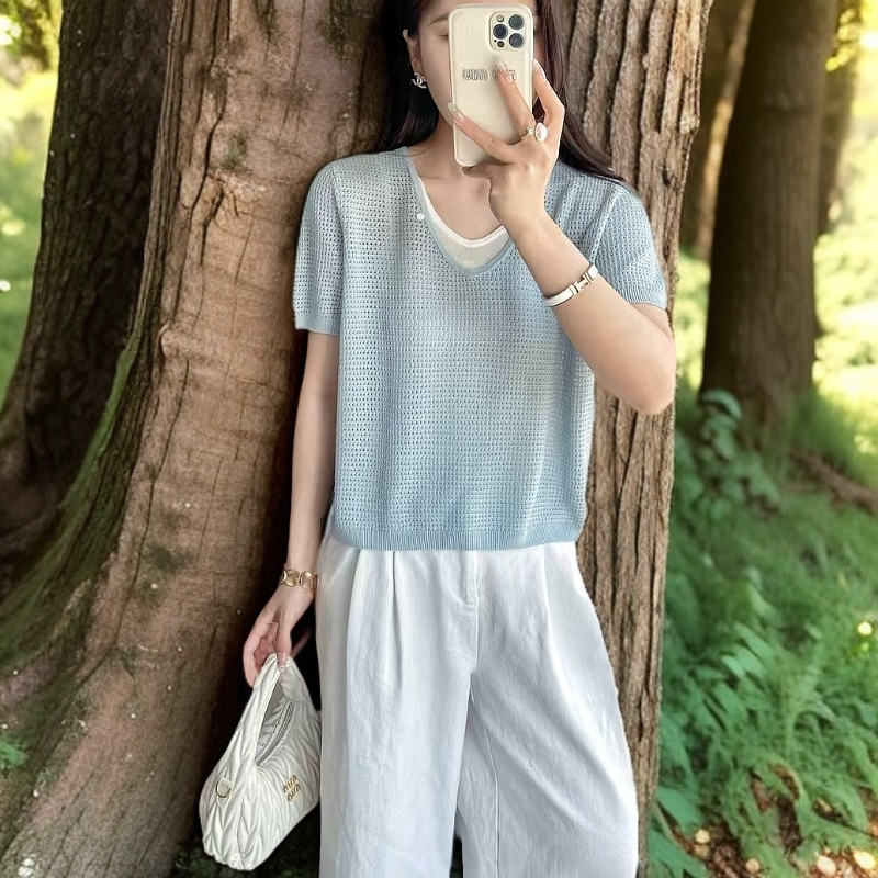夏季短袖镂空毛衣   气质  休闲  时尚