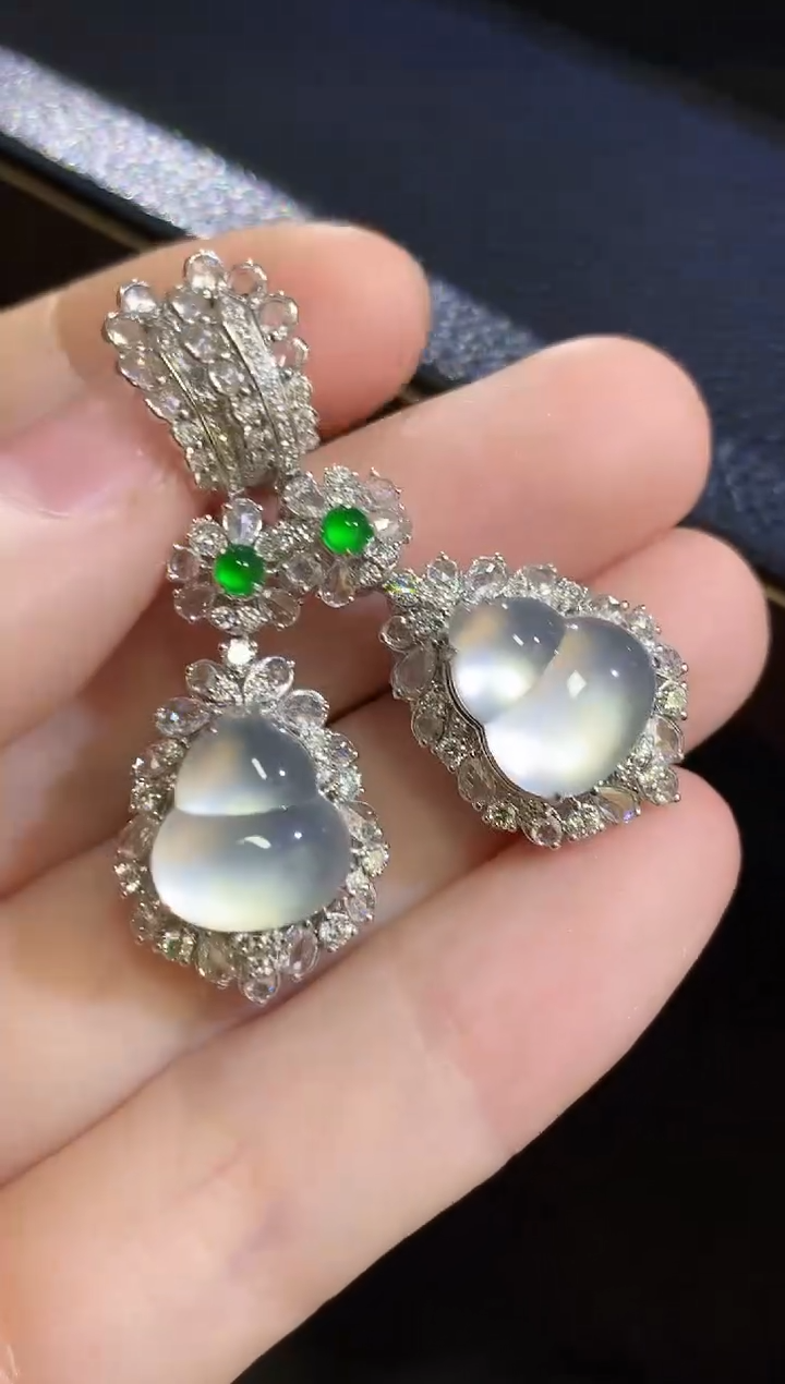 【闪购商品】翡翠耳饰18K金镶嵌玻璃种茅台白  葫芦吊坠耳坠 两用款