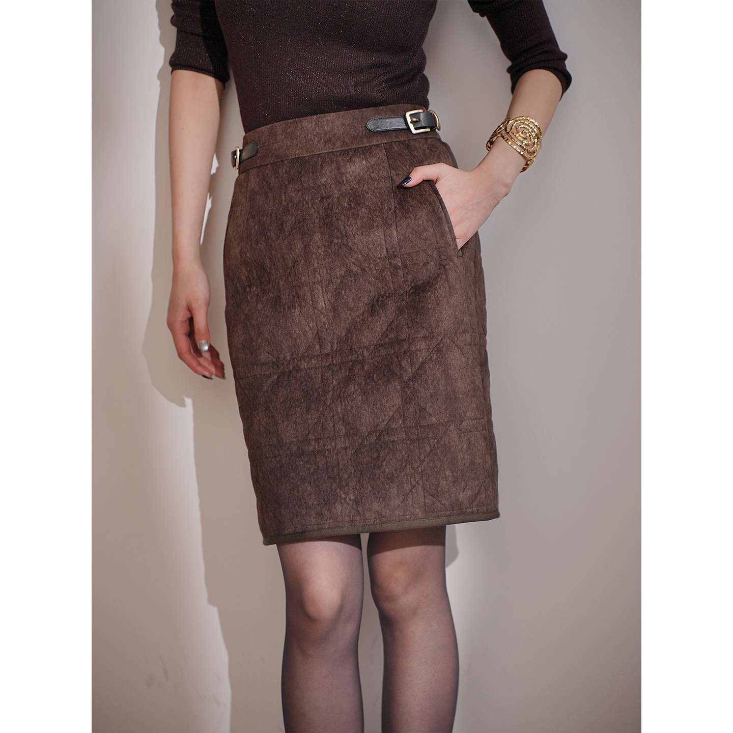 Tyike【意式浓缩】仿皮质感高腰半身裙女2025秋冬夹棉显瘦A字裙