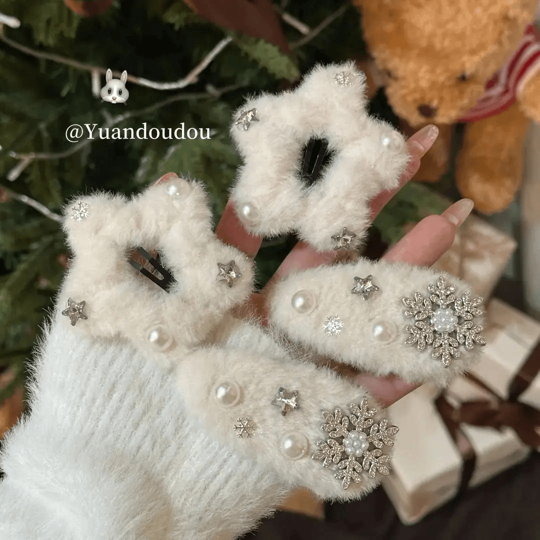 原创雪落知冬~秋冬毛绒雪花星星发夹女侧边夹甜美可爱发卡刘海夹