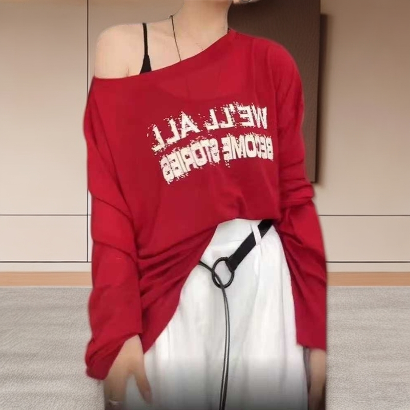 红色小个子松弛感斜肩长袖T恤女夏季防晒空调衫慵懒罩衫上衣薄款