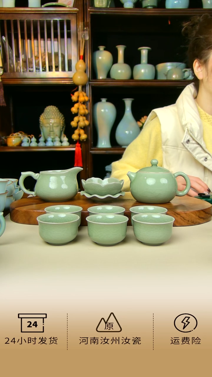 全手工豆绿釉西施壶套装