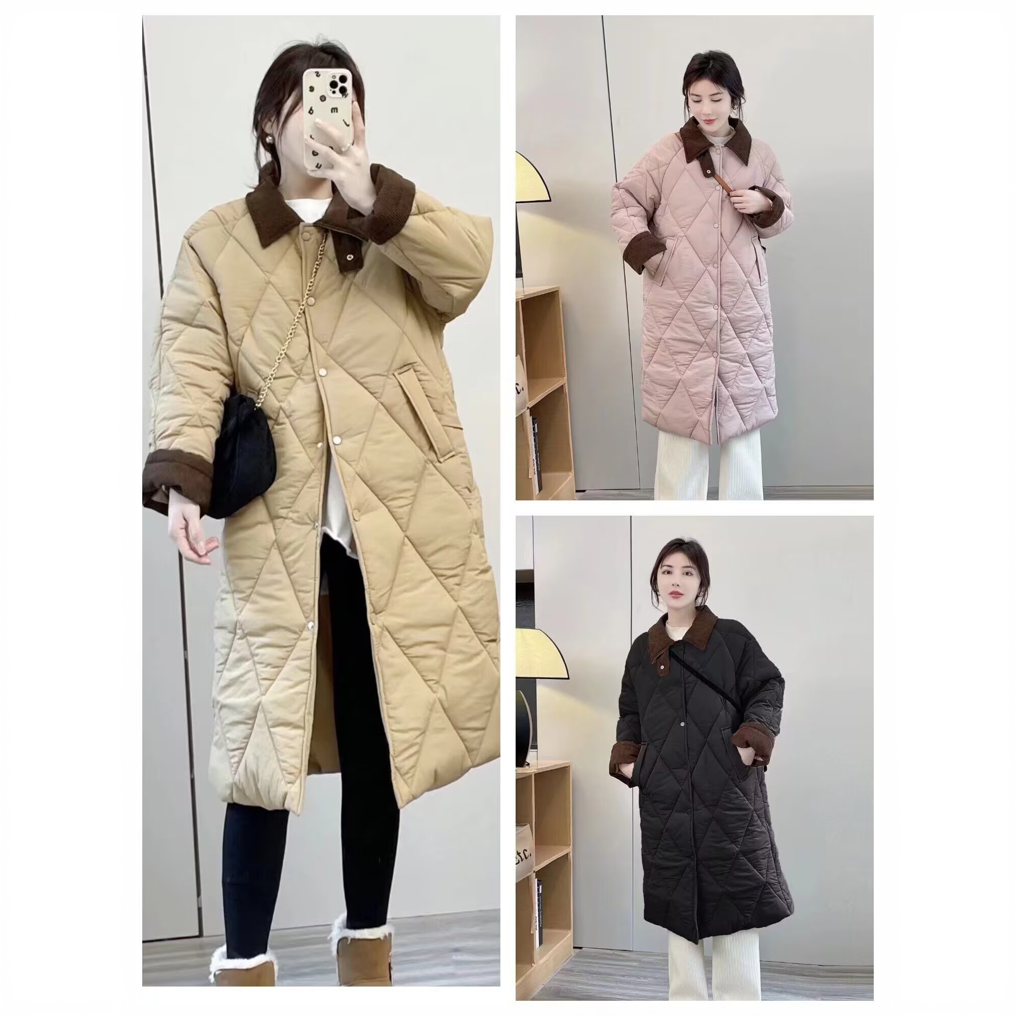 XG649撞色POLO领大菱格过膝棉衣大码女装长款保暖宽松棉服外套冬