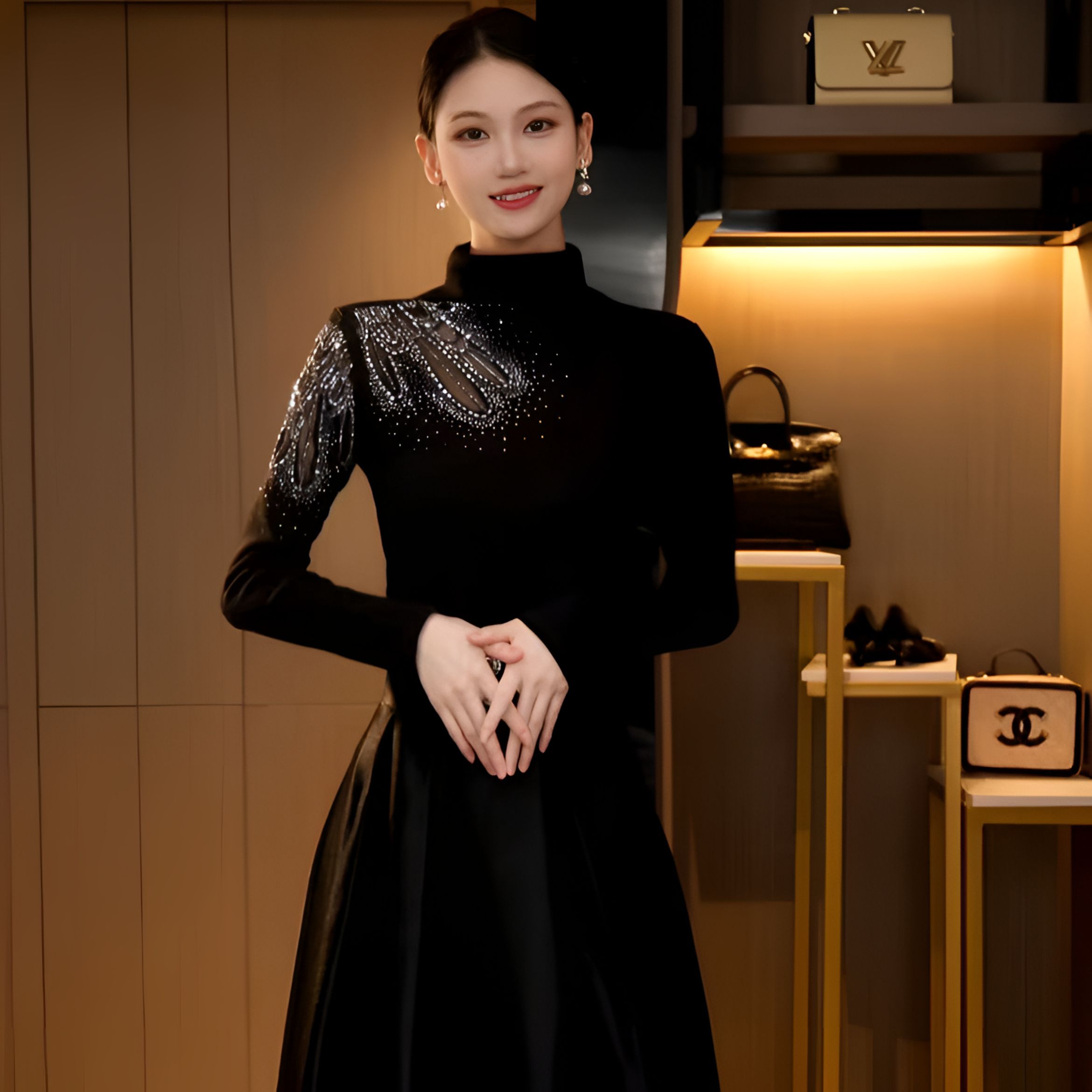 DY25D-6298-1秋冬加厚新款高领花边镂空镶钻洋气显瘦打底衫